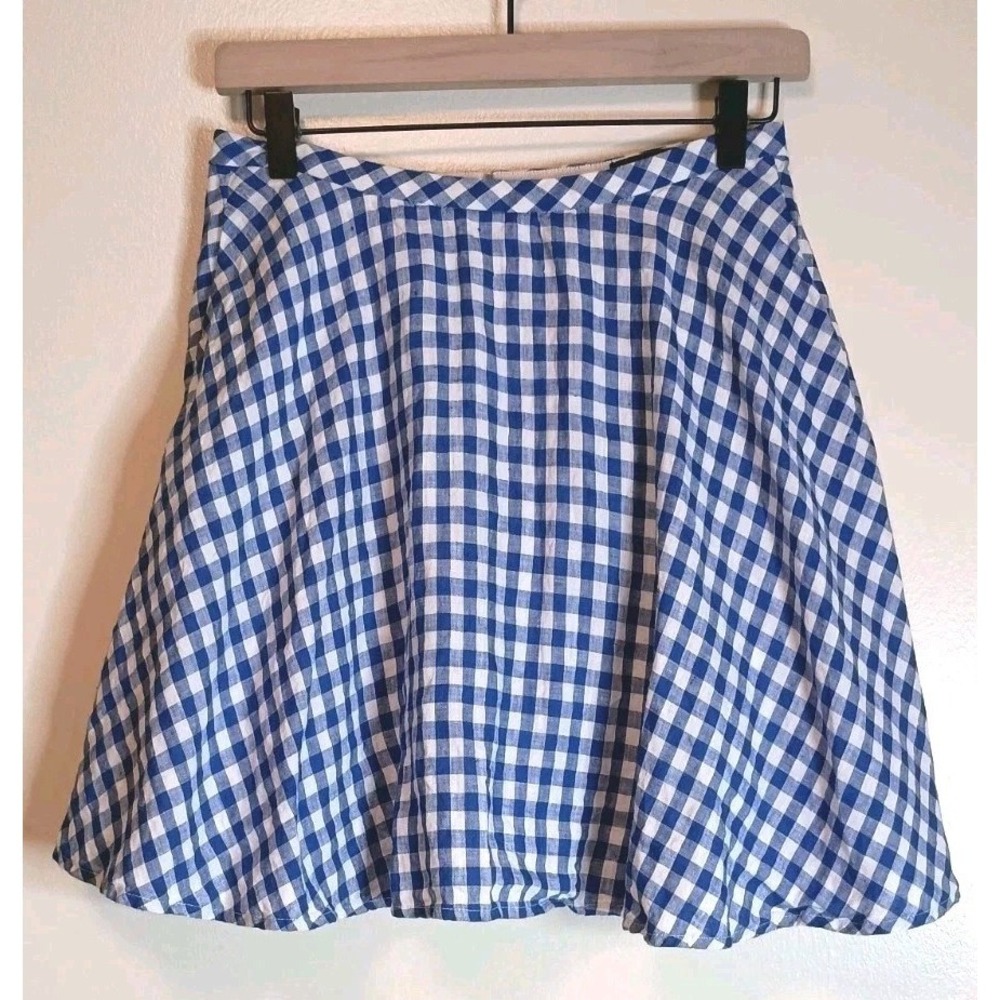 J Crew Gingham Pleated Mini Skirt Blue‎ White Linen Preppy Size 2